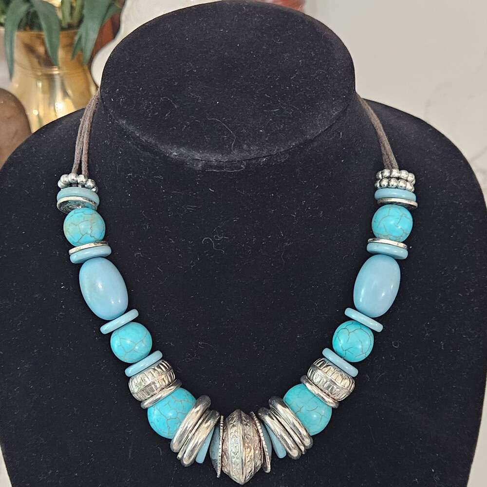 Erica Lyons Statement Necklace with Faux Turquoise Beads and Silver-Tone Accents
